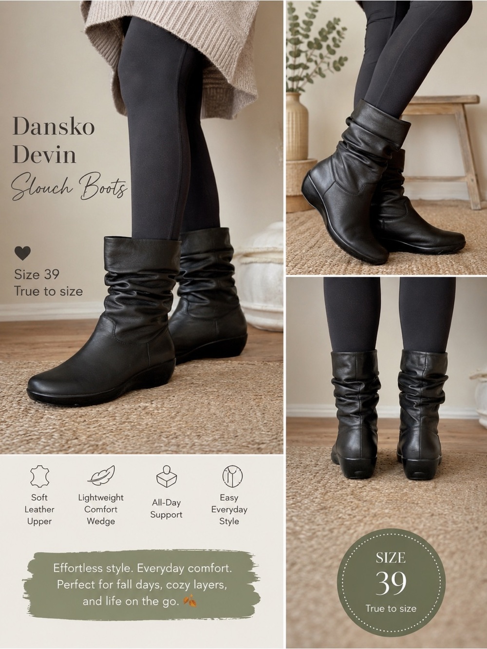 Dansko Devin Black Leather Slouch Flat Sole Ankle Boots Fall Fashion Size 39